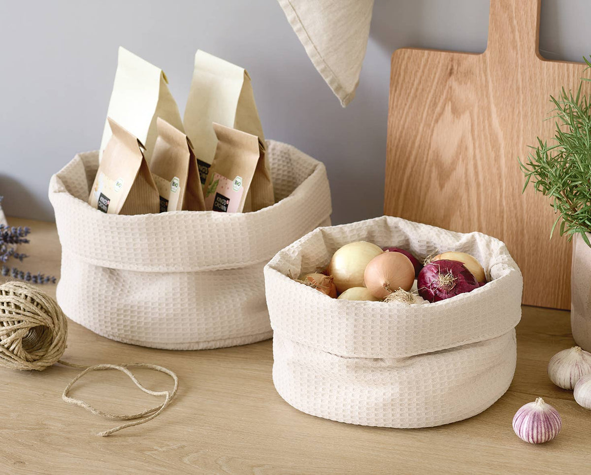 Panier de rangement en piqué gaufré polyester crème: Mousse / Env. Ø 20 x 12 cm