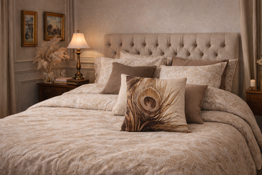 Coussin 40×40 cm – Motif plume de paon marron