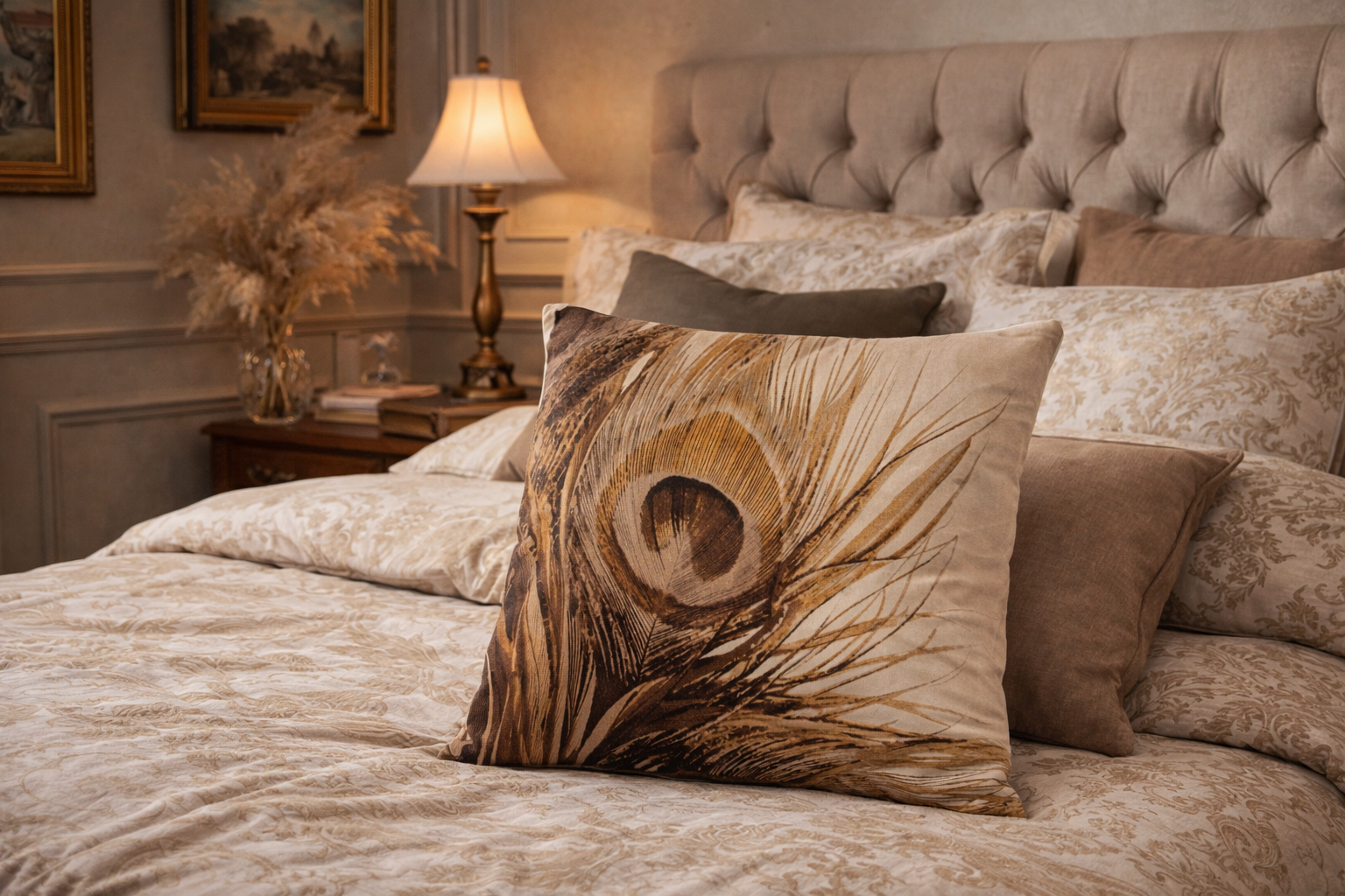 Coussin 40×40 cm – Motif plume de paon marron