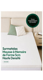 Surmatelas 140x190 cm Mémoire de Forme 5 cm + Housse en Bambou