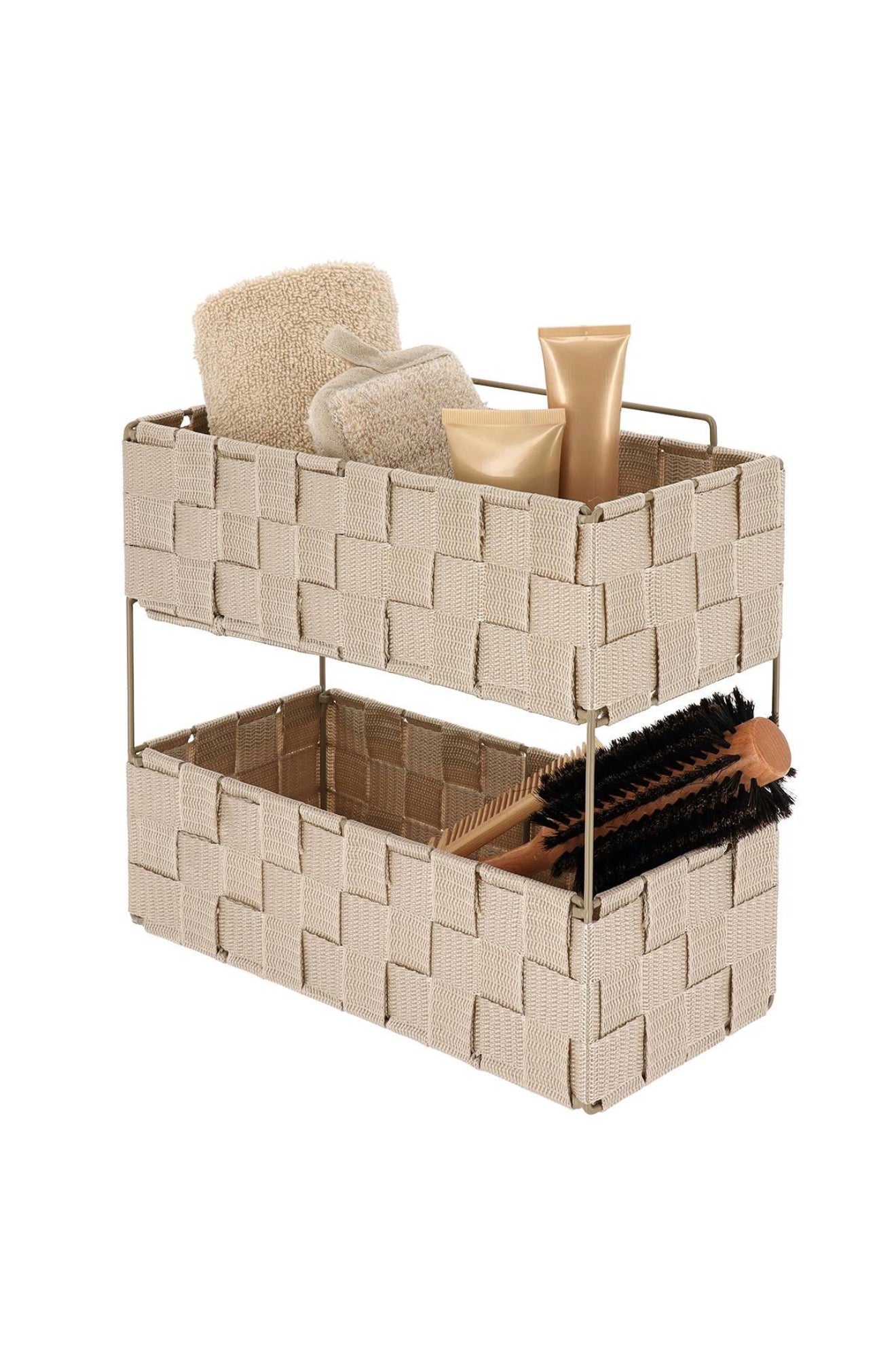 Etagere 2 niveaux gm en polyester tresse metal pliable a poser ou fixer - Beige