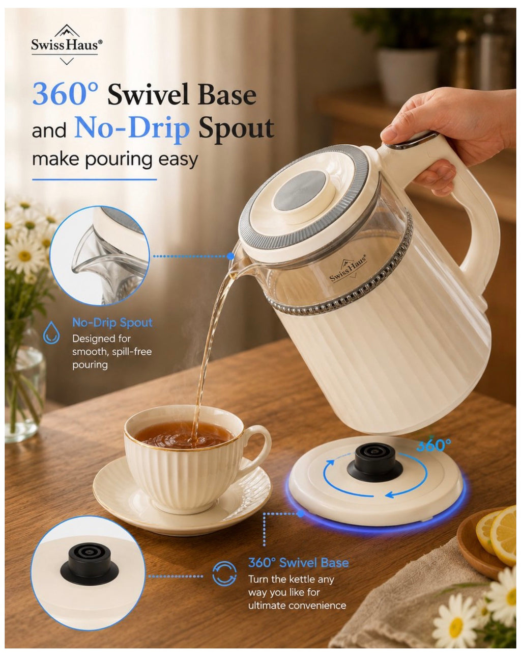 Bouilloire – 1,7L - Rétro – Intérieur en verre – 2200W – Crème