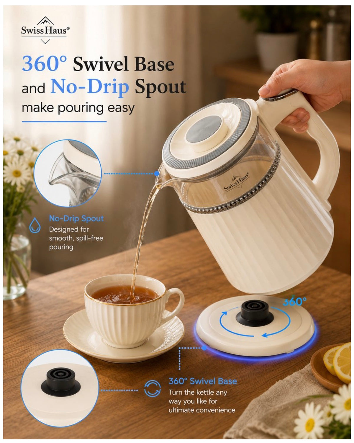 Bouilloire – 1,7L - Rétro – Intérieur en verre – 2200W – Crème