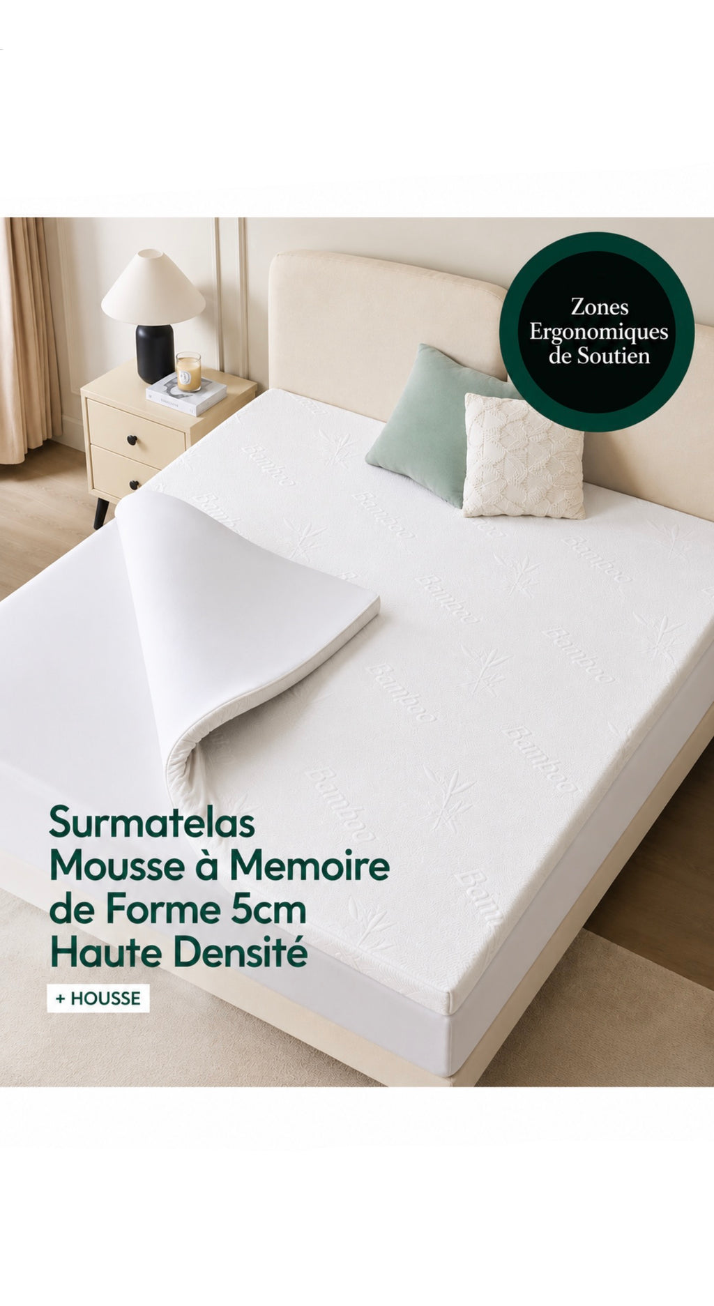 Surmatelas 140x190 cm Mémoire de Forme 5 cm + Housse en Bambou