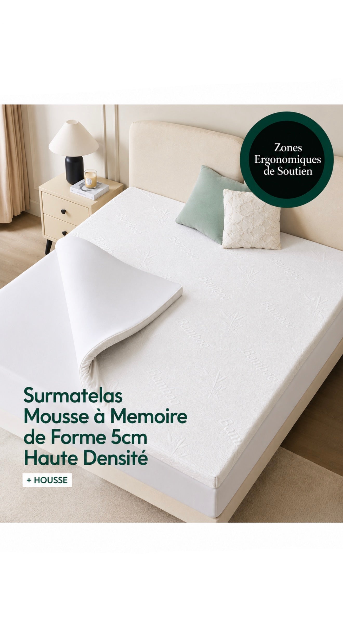 Surmatelas 140x190 cm Mémoire de Forme 5 cm + Housse en Bambou