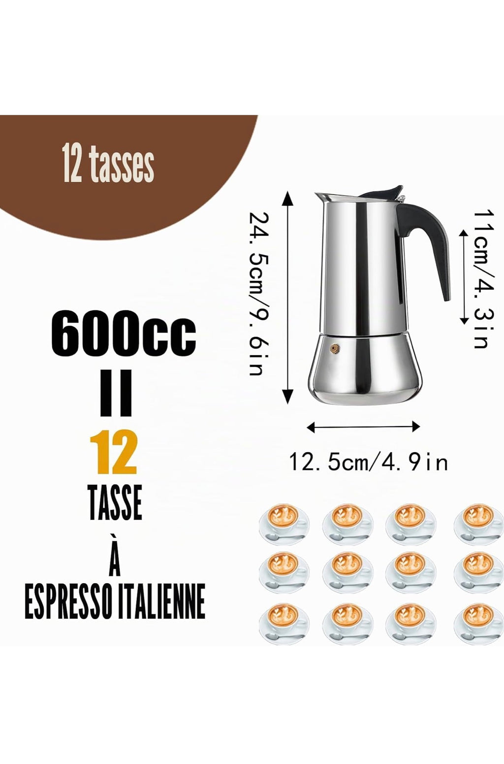 Cafetière à expresso 12 tasses en acier inoxydable 600ml
