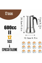 Cafetière à expresso 12 tasses en acier inoxydable 600ml