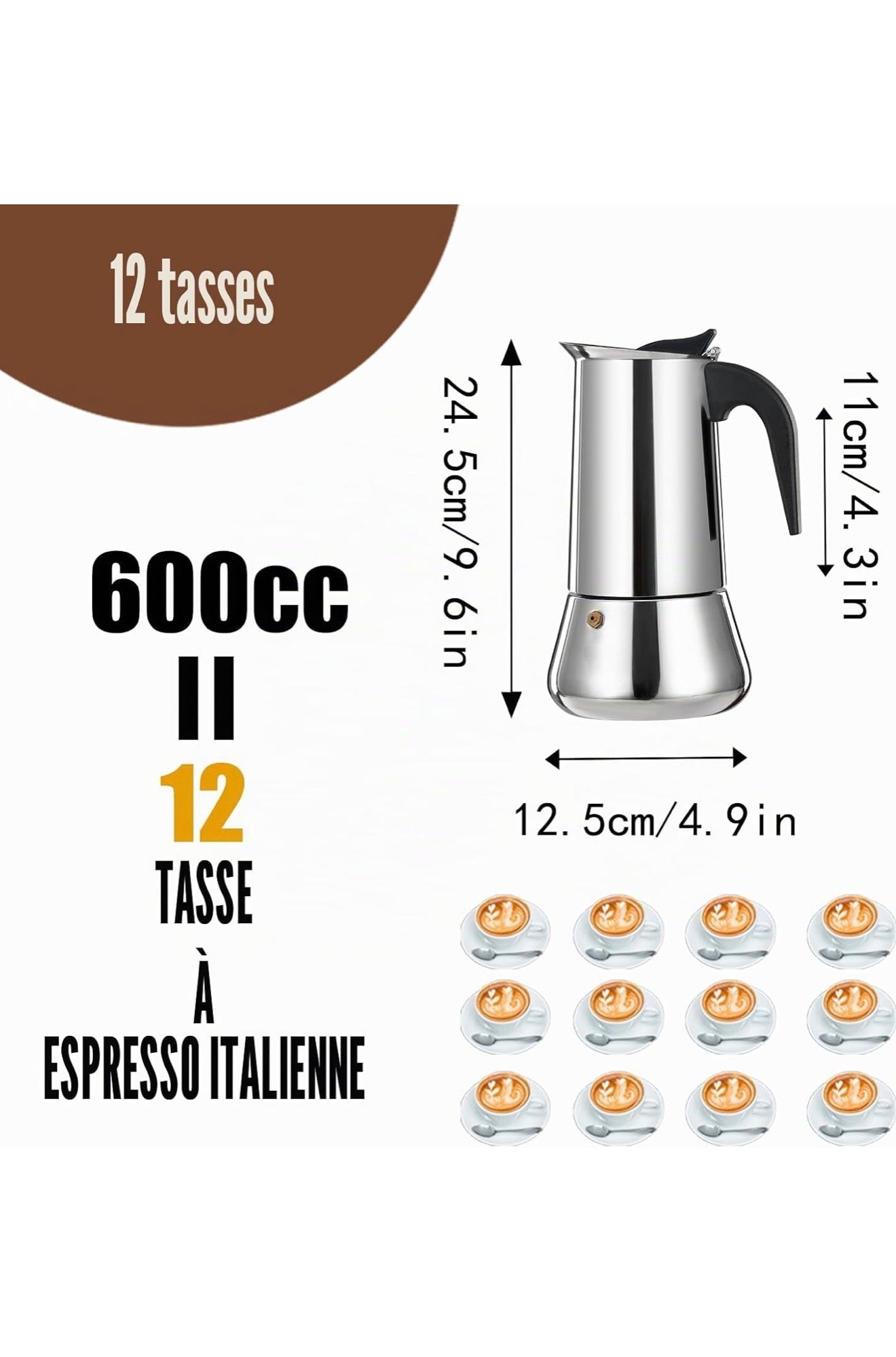 Cafetière à expresso 12 tasses en acier inoxydable 600ml