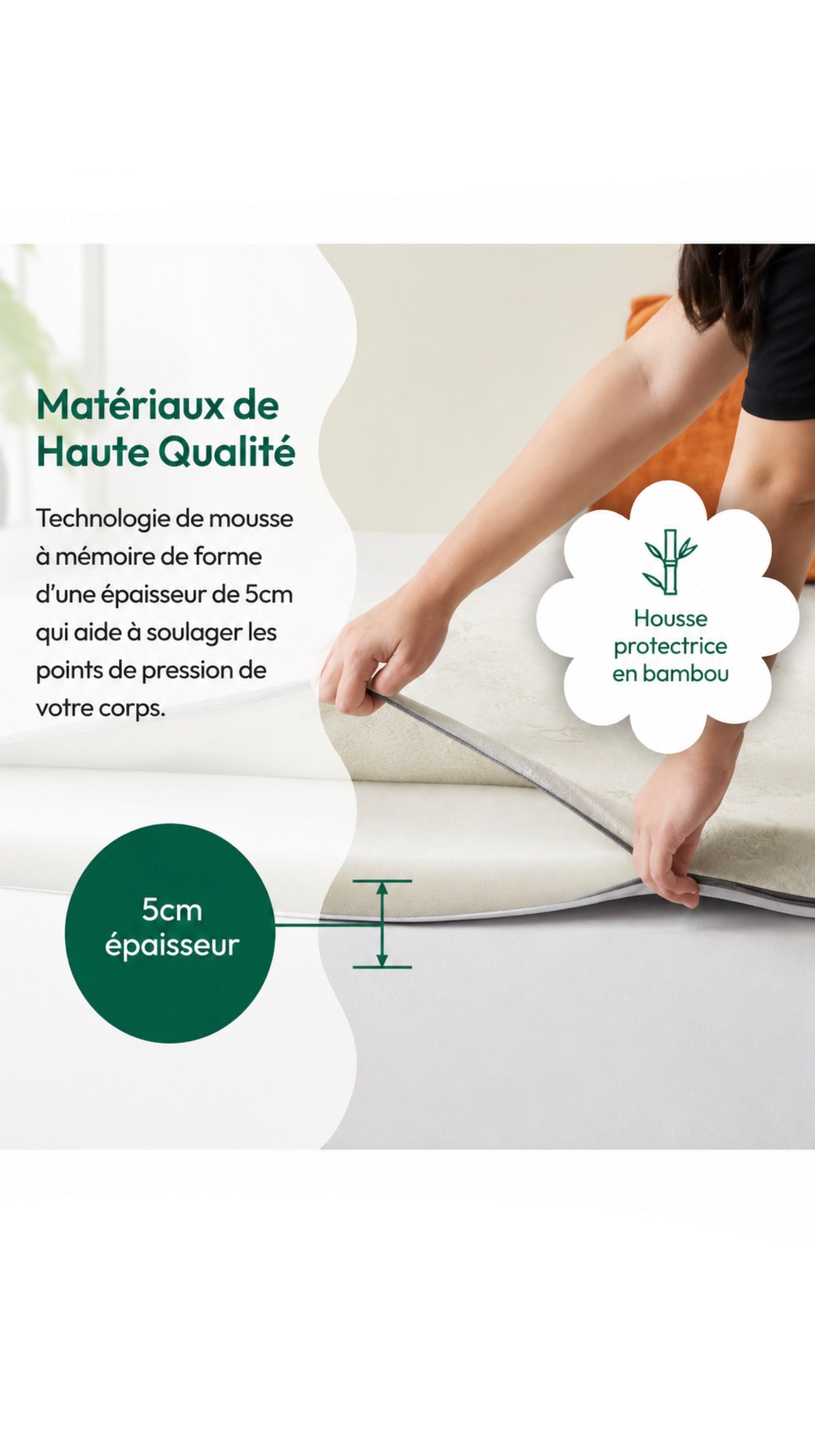 Surmatelas 140x190 cm Mémoire de Forme 5 cm + Housse en Bambou