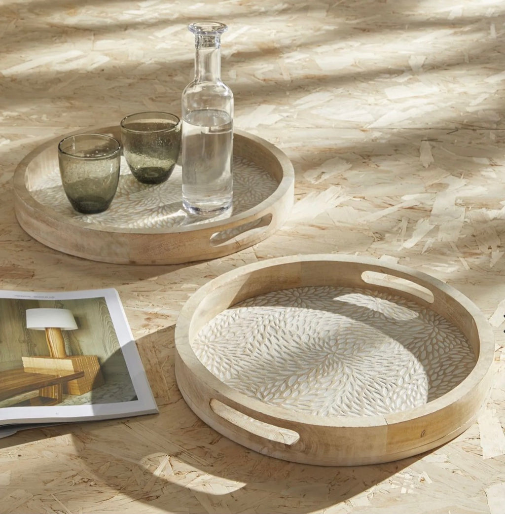 Lot De 2 Plateaux Arrondis Motif Bois Mango Wood Beige