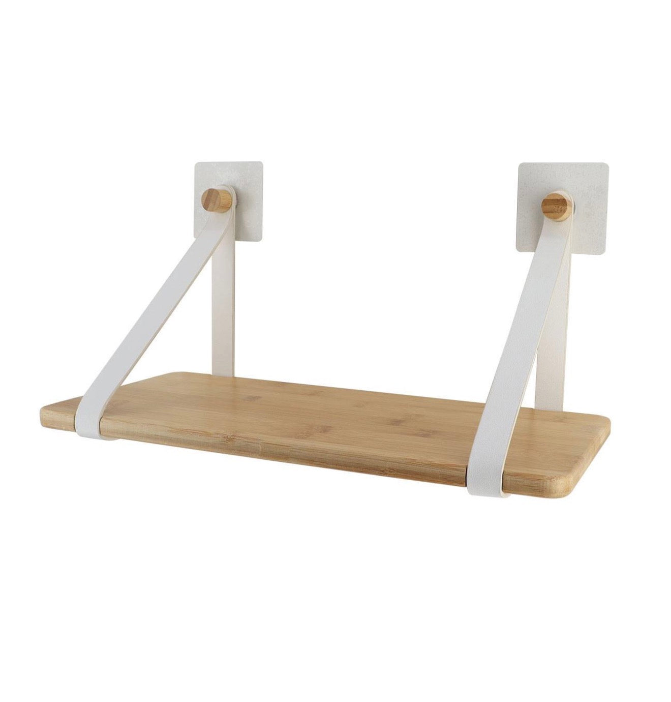 Etagere bambou + lanieres simili cuir sur sticker ou a fixer - blanc/bambou