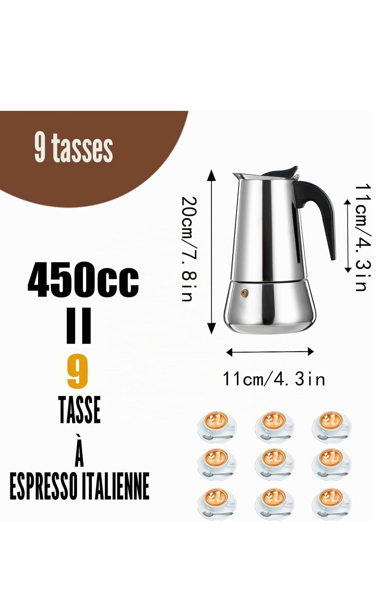 Cafetière à expresso 9 tasses en acier inoxydable 450ml