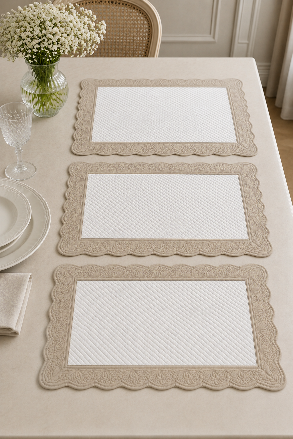 3 napperons Brodés 40x60cm - Blanc et Marron