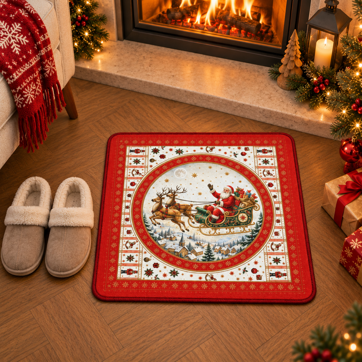 Tapis de Noël antidérapant – Père Noël et traîneau – 50x50cm