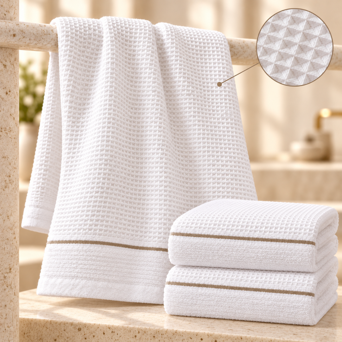 3 draps de bain 70x140cm - nid d’abeilles doublé éponge 100% Coton - Blanc