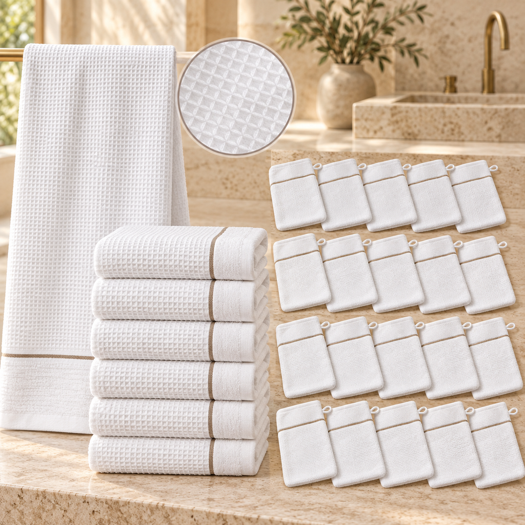 Ensemble complet de 26 pièces  - 6 serviettes de toilette + 20 gants - Nid d’abeille doublé éponge 100% Coton - Blanc