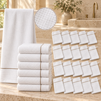 Ensemble complet de 26 pièces  - 6 serviettes de toilette + 20 gants - Nid d’abeille doublé éponge 100% Coton - Blanc