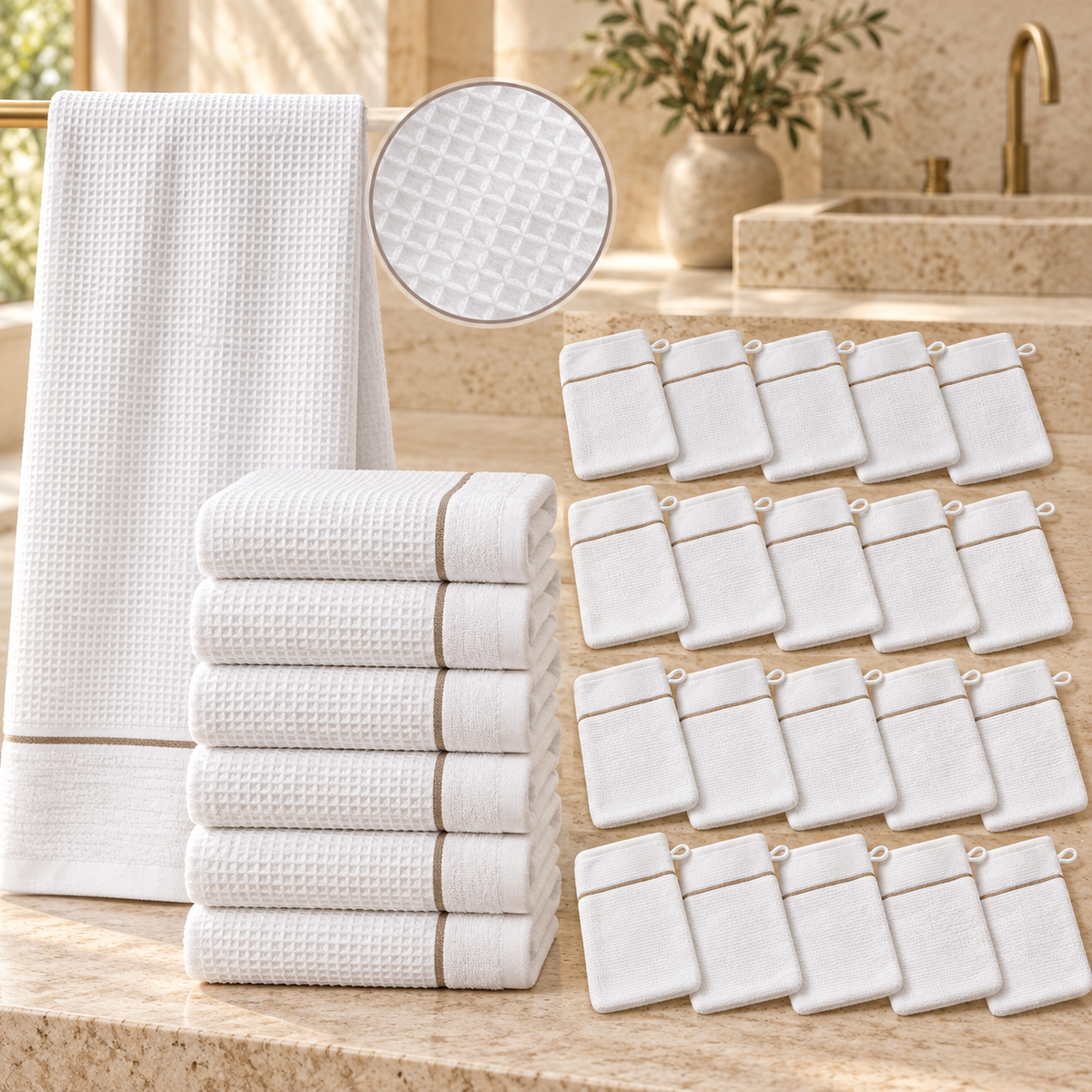 Ensemble complet de 26 pièces  - 6 serviettes de toilette + 20 gants - Nid d’abeille doublé éponge 100% Coton - Blanc