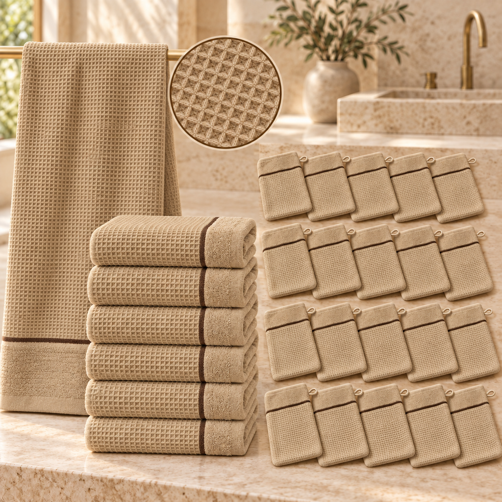 Ensemble complet de 26 pièces  - 6 serviettes de toilette + 20 gants - Nid d’abeille doublé éponge 100% Coton - Caramel
