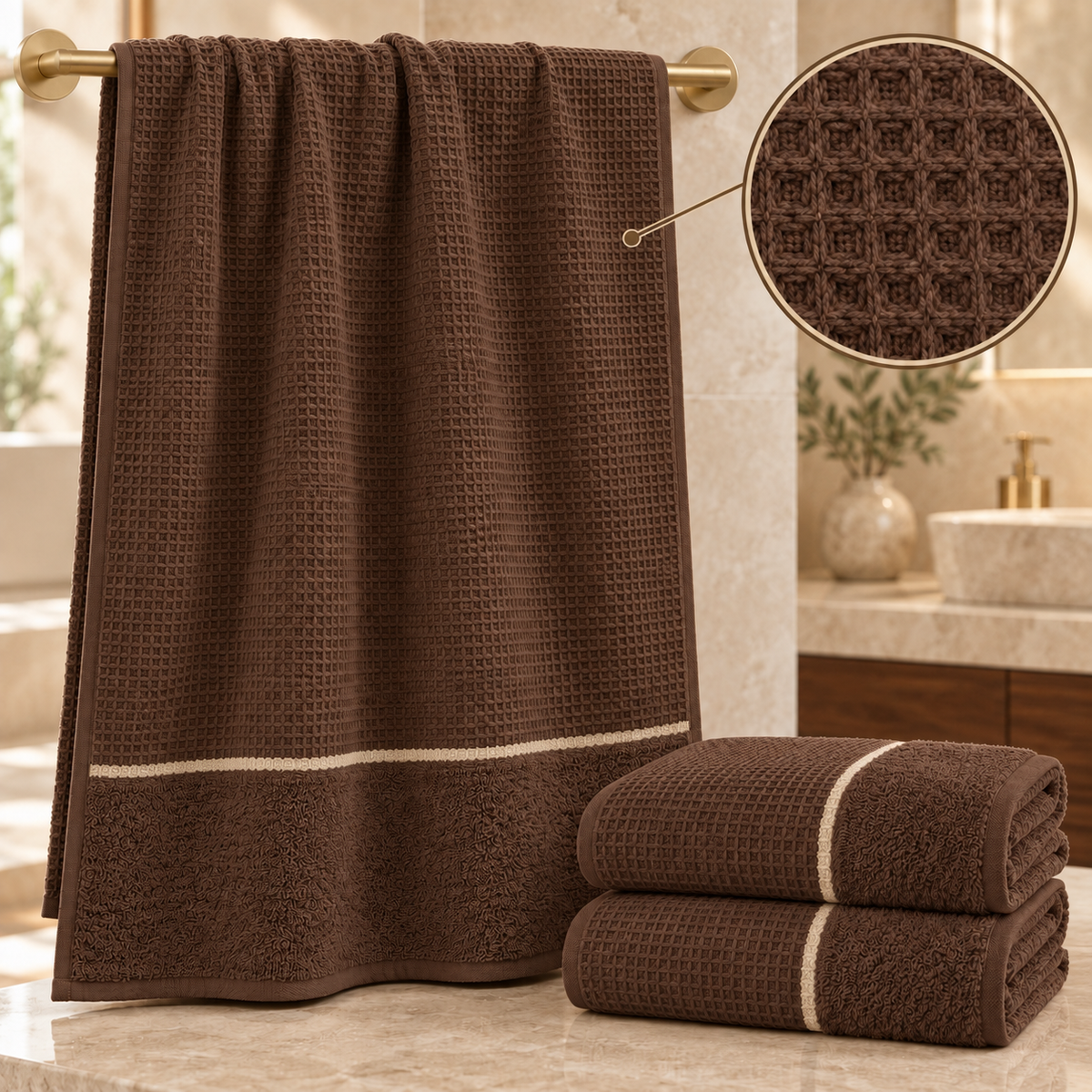 3 draps de bain 70x140cm - nid d’abeilles doublé éponge 100% Coton - Marron