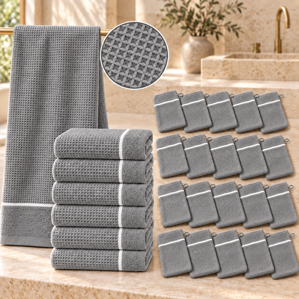 Ensemble complet de 26 pièces  - 6 serviettes de toilette + 20 gants - Nid d’abeille doublé éponge 100% Coton - Gris