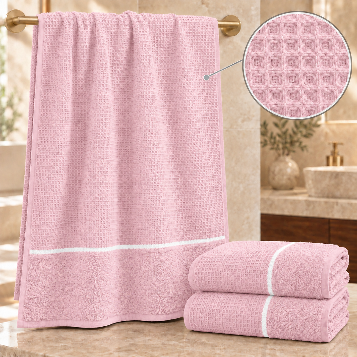 3 draps de bain 70x140cm - nid d’abeilles doublé éponge 100% Coton - Rose