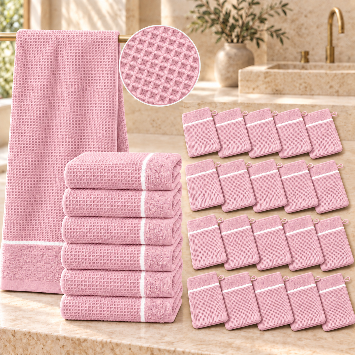 Ensemble complet de 26 pièces  - 6 serviettes de toilette + 20 gants - Nid d’abeille doublé éponge 100% Coton - Rose