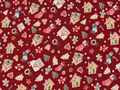Tissus Tissé Noël - Fond rouge motifs Chaussettes Maisons Pain d’Epice