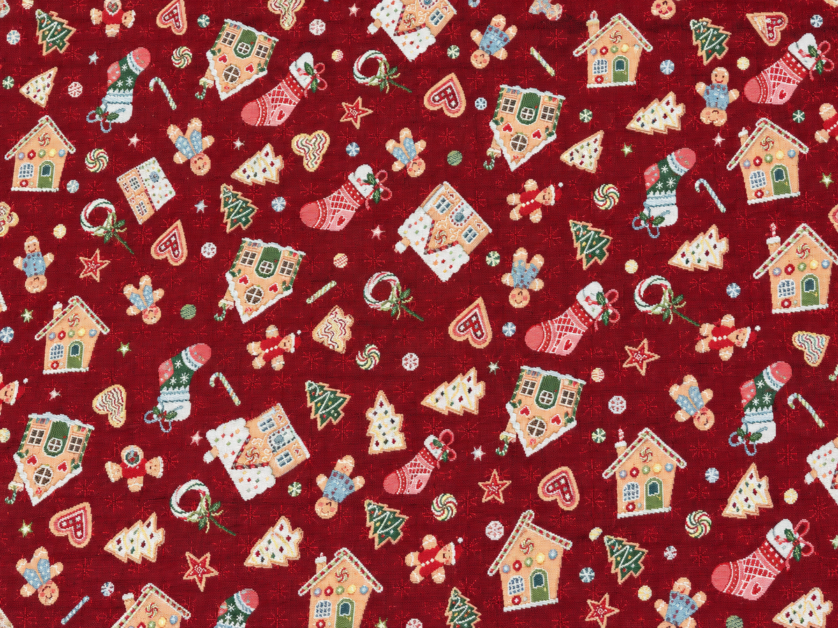 Tissus Tissé Noël - Fond rouge motifs Chaussettes Maisons Pain d’Epice