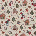 Tissus Tissé Noël - Fond Beige motifs Chaussettes Maisons Pain d’Epice