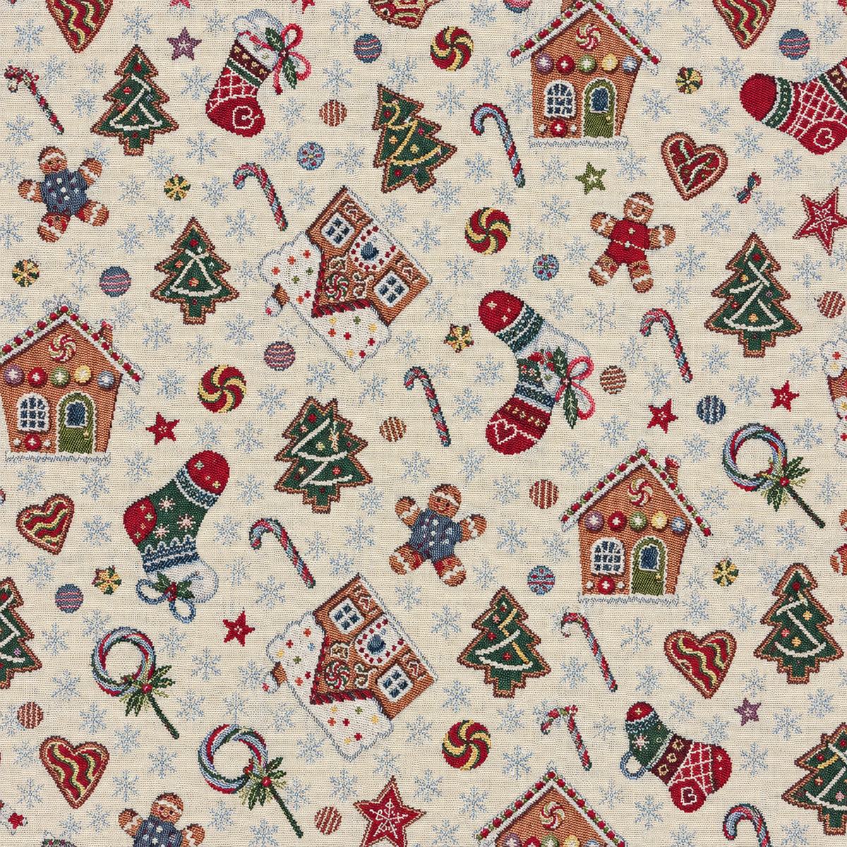 Tissus Tissé Noël - Fond Beige motifs Chaussettes Maisons Pain d’Epice