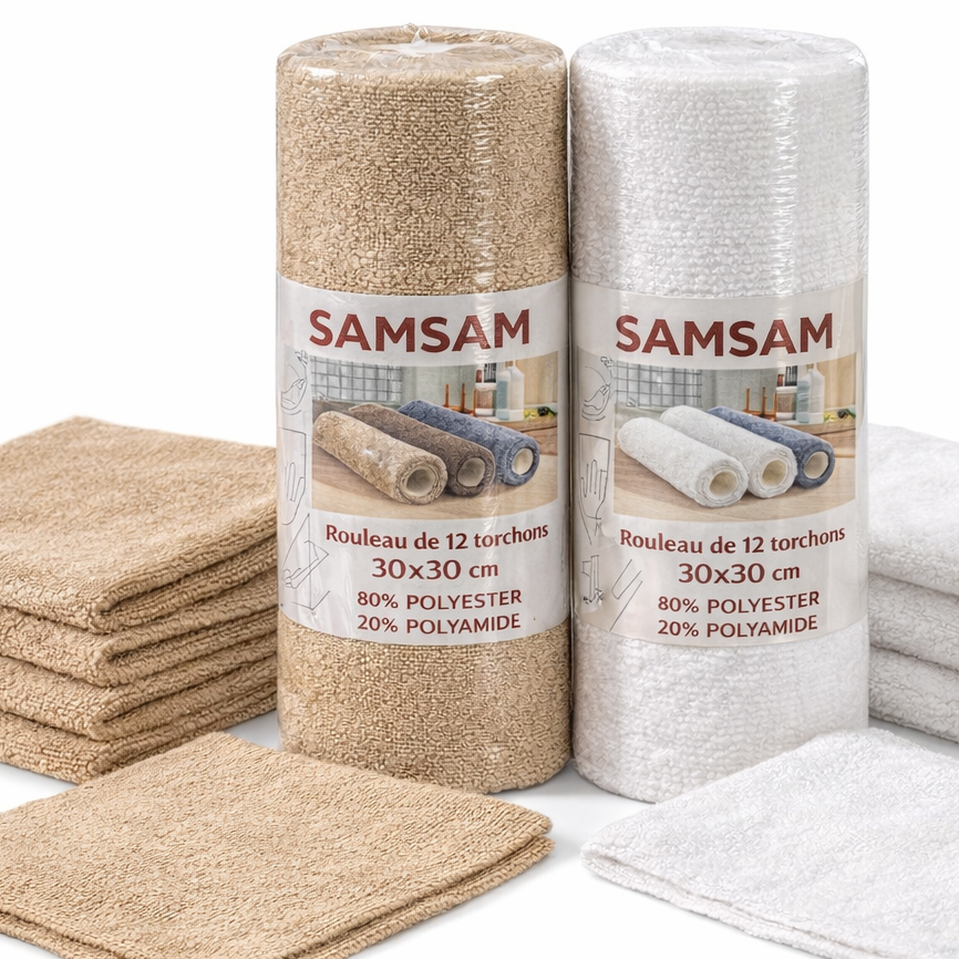 Rouleau de 12 torchons microfibres SAMSAM – 30×30 cm