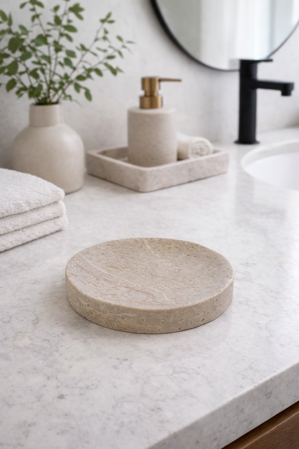 Porte-savon en pierre beige – Ø 10 cm