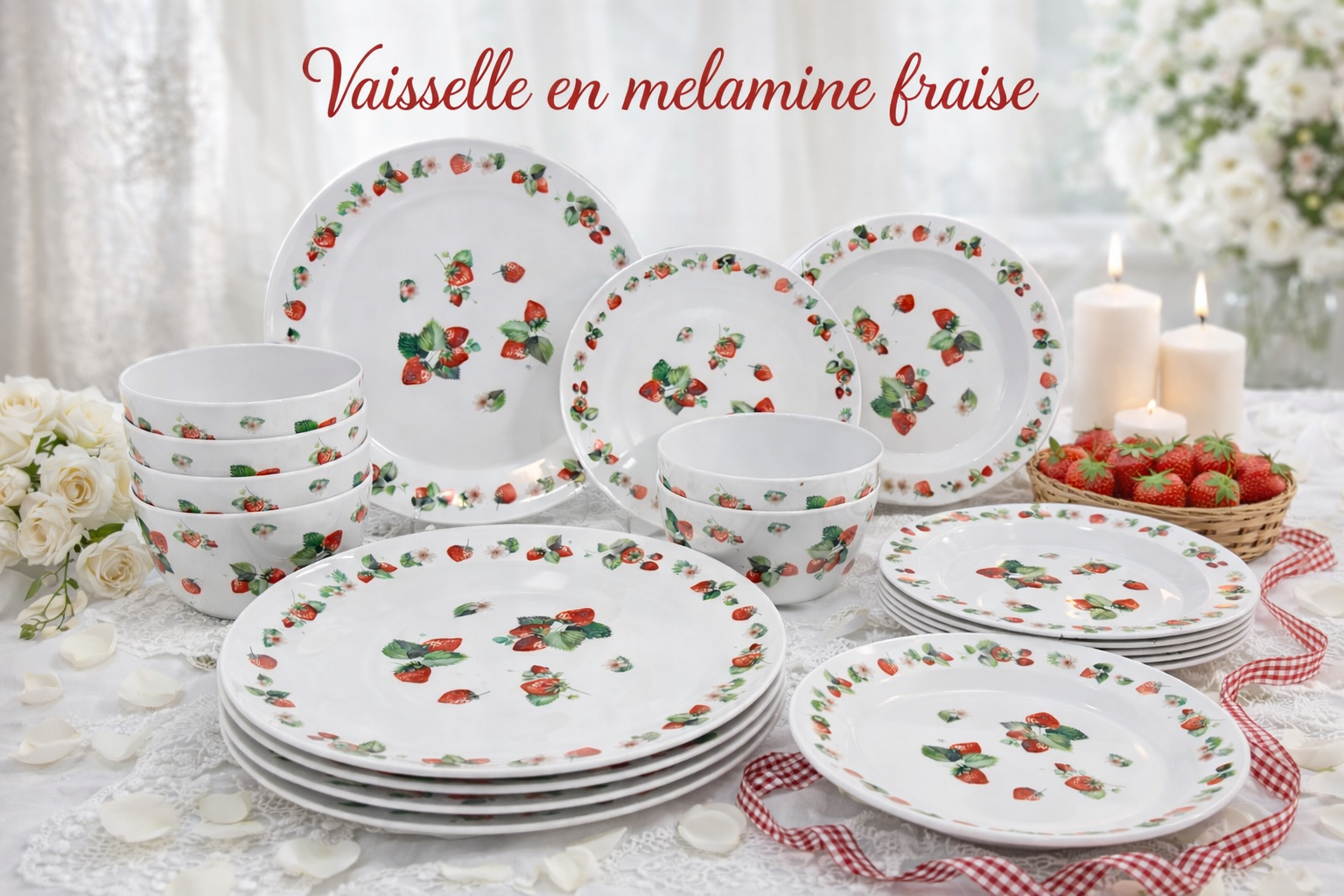 Service de Vaisselle Fraise 24 Pièces en Mélamine