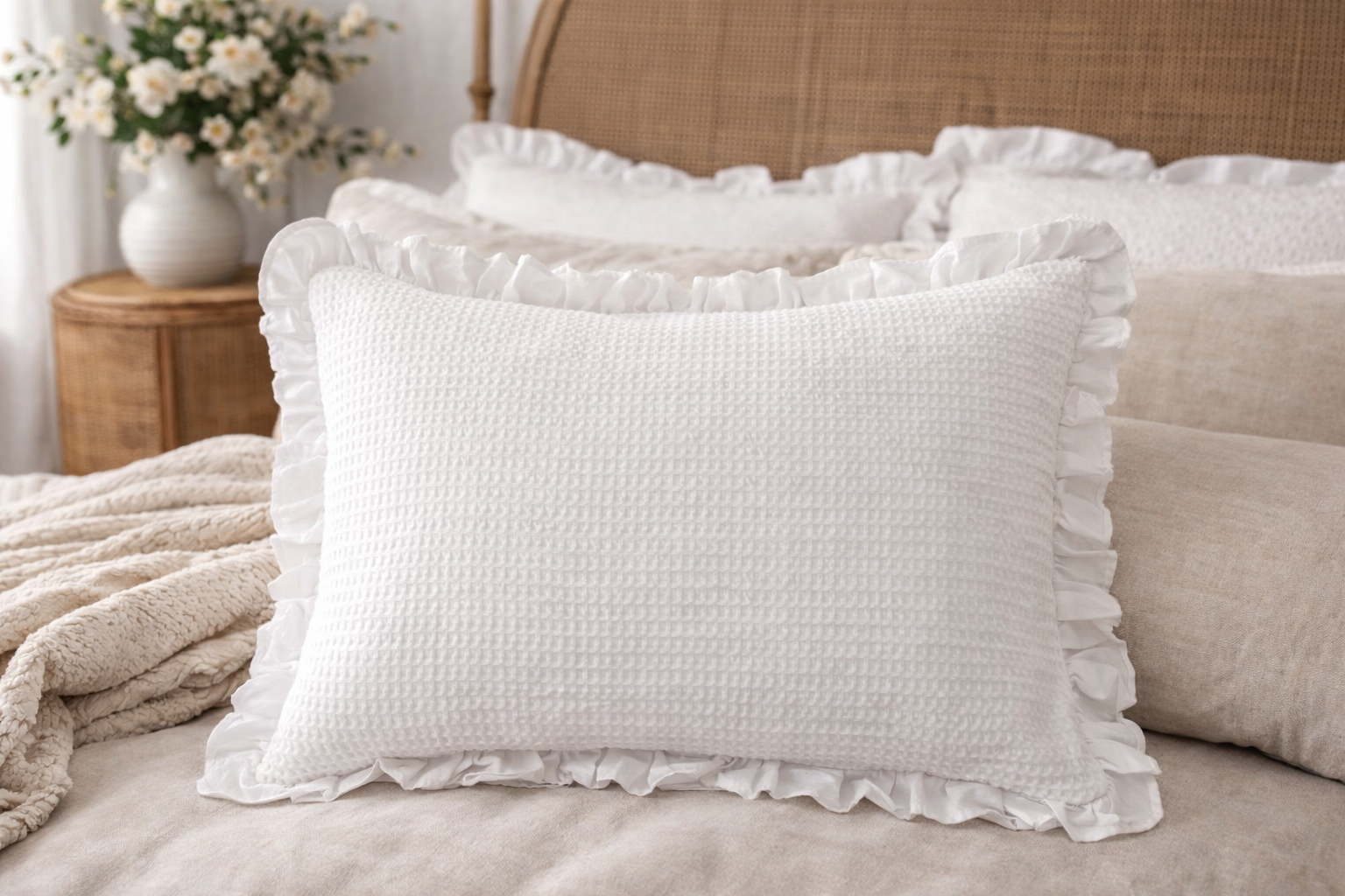 2 Taies d’Oreiller nid d’abeille Volants 50x70cm