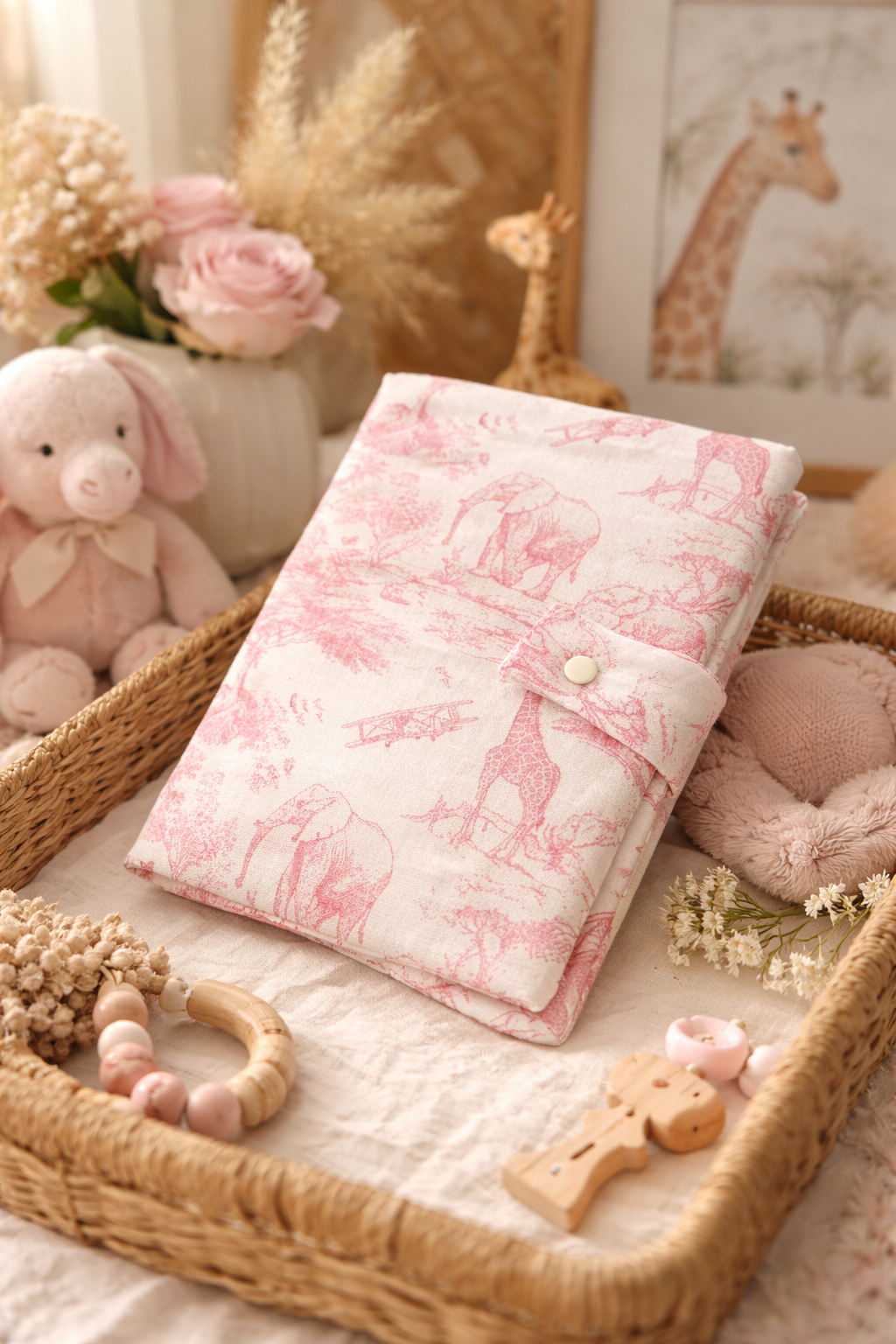 HOUSSE DE CARNET DE SANTÉ Imprimé inspiration Toile de Jouy Rose