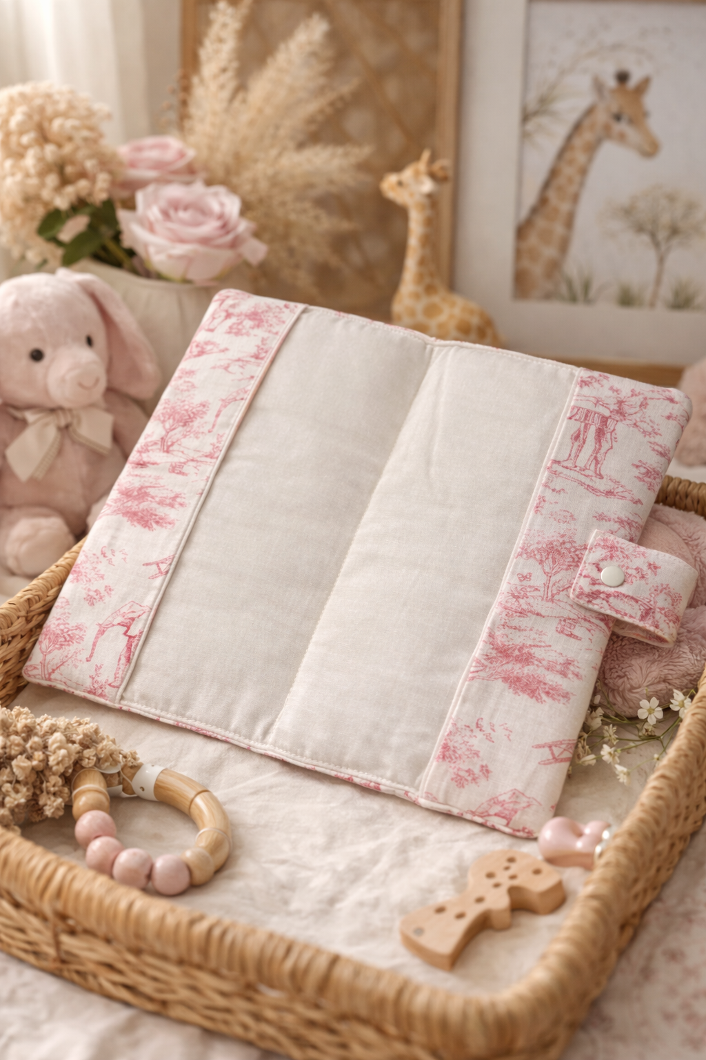 HOUSSE DE CARNET DE SANTÉ Imprimé inspiration Toile de Jouy Rose