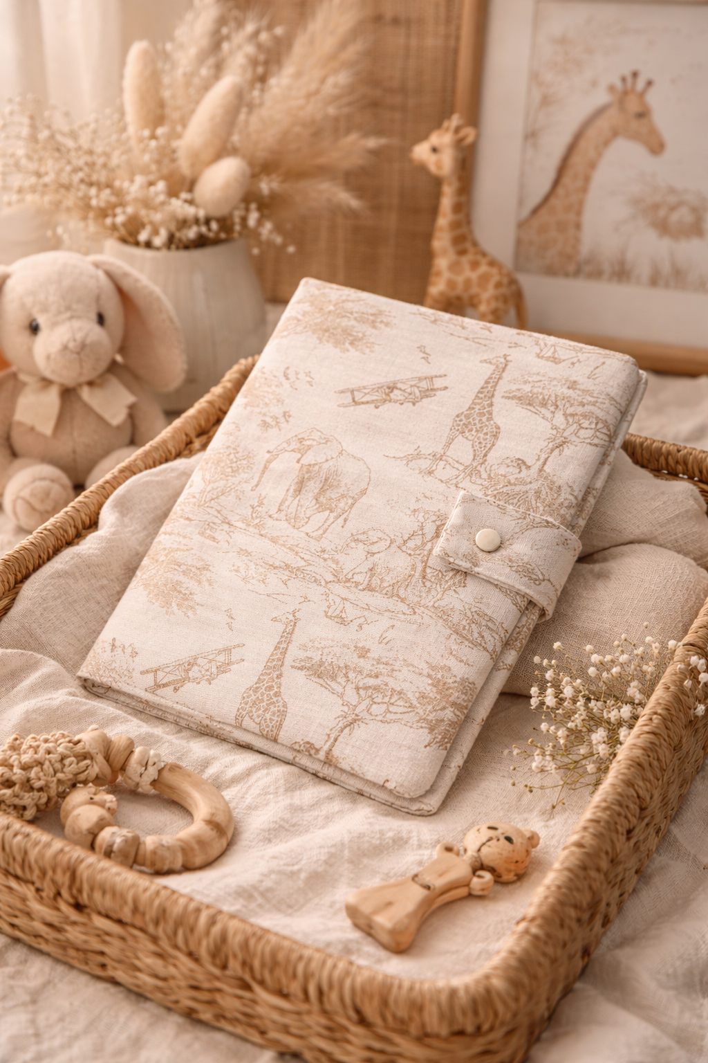 HOUSSE DE CARNET DE SANTÉ Imprimé inspiration Toile de Jouy Beige