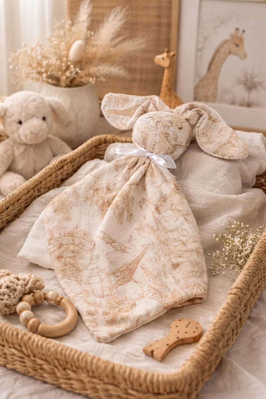 Doudou Lapin Imprimé inspiration Toile de Jouy Beige