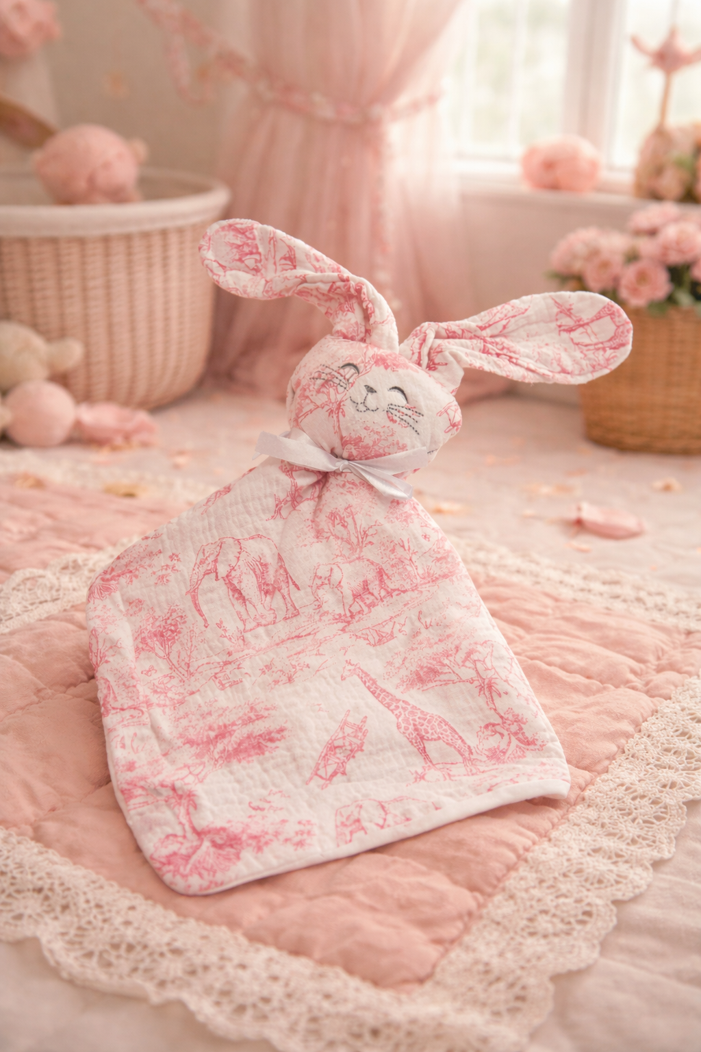 Doudou Lapin Imprimé inspiration Toile de Jouy Rose