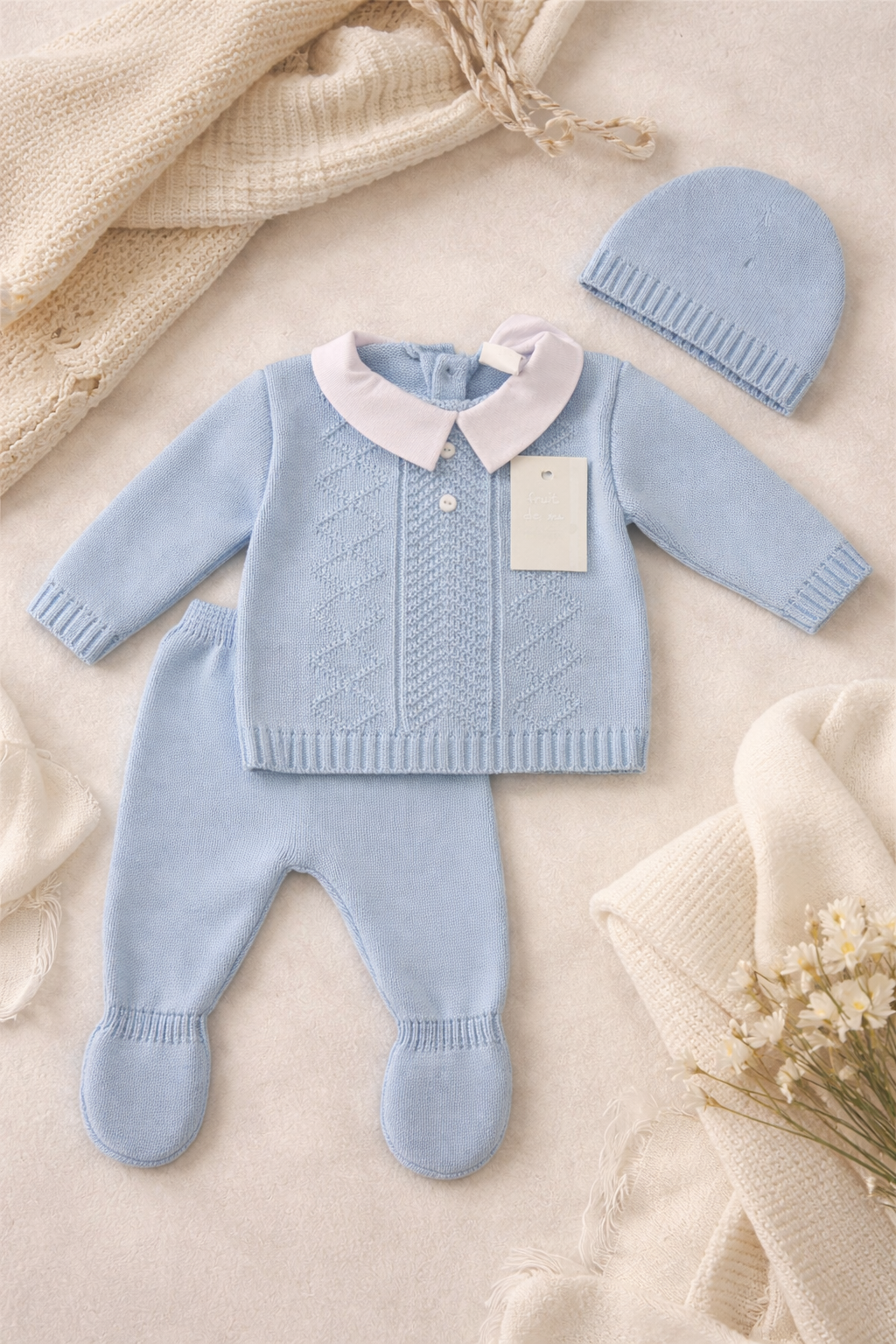 Ensemble bébé 3 pièces - Bleu Col Blanc - 0/3 mois