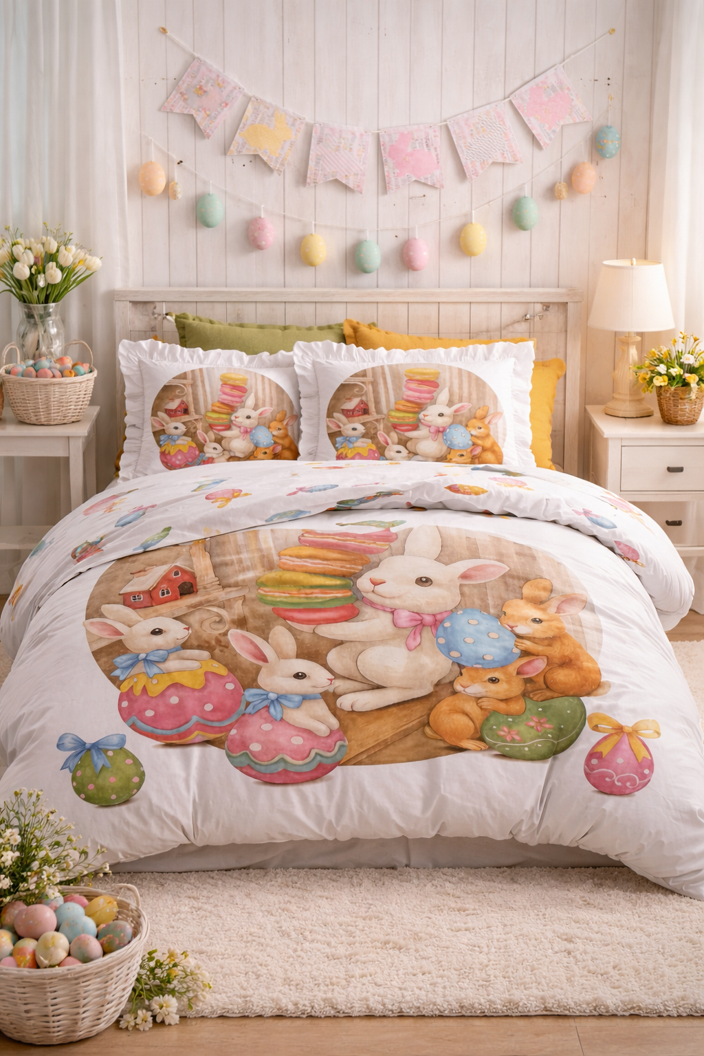 LOT PÂQUES COMPLET 1 parrure de couette 200x200 + 1 service melamine 26 pièces + 1 service à café 12 pièces