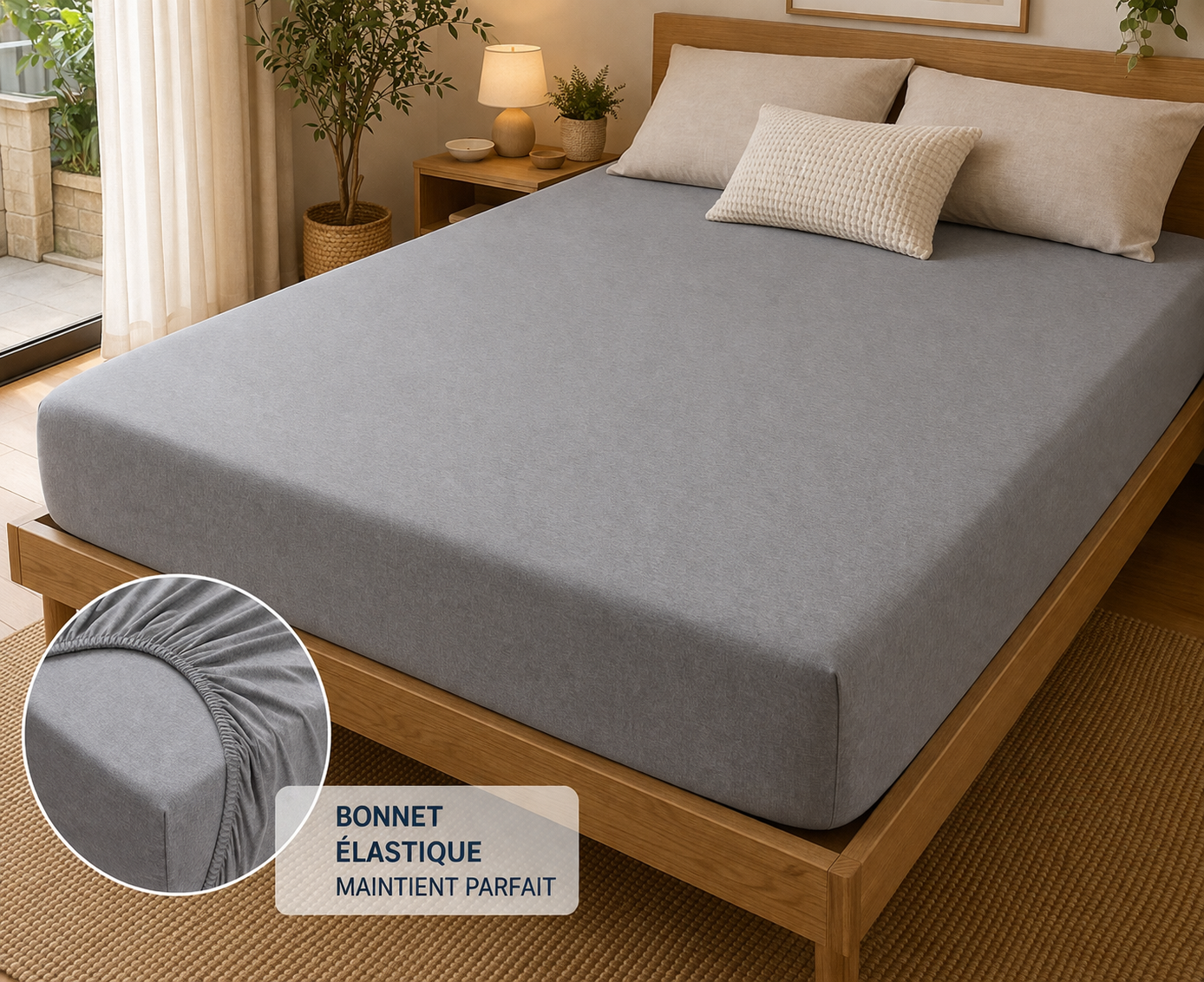 Drap Housse GRIS Jersey 100% Coton 140x190cm jusqu’à 150x200cm