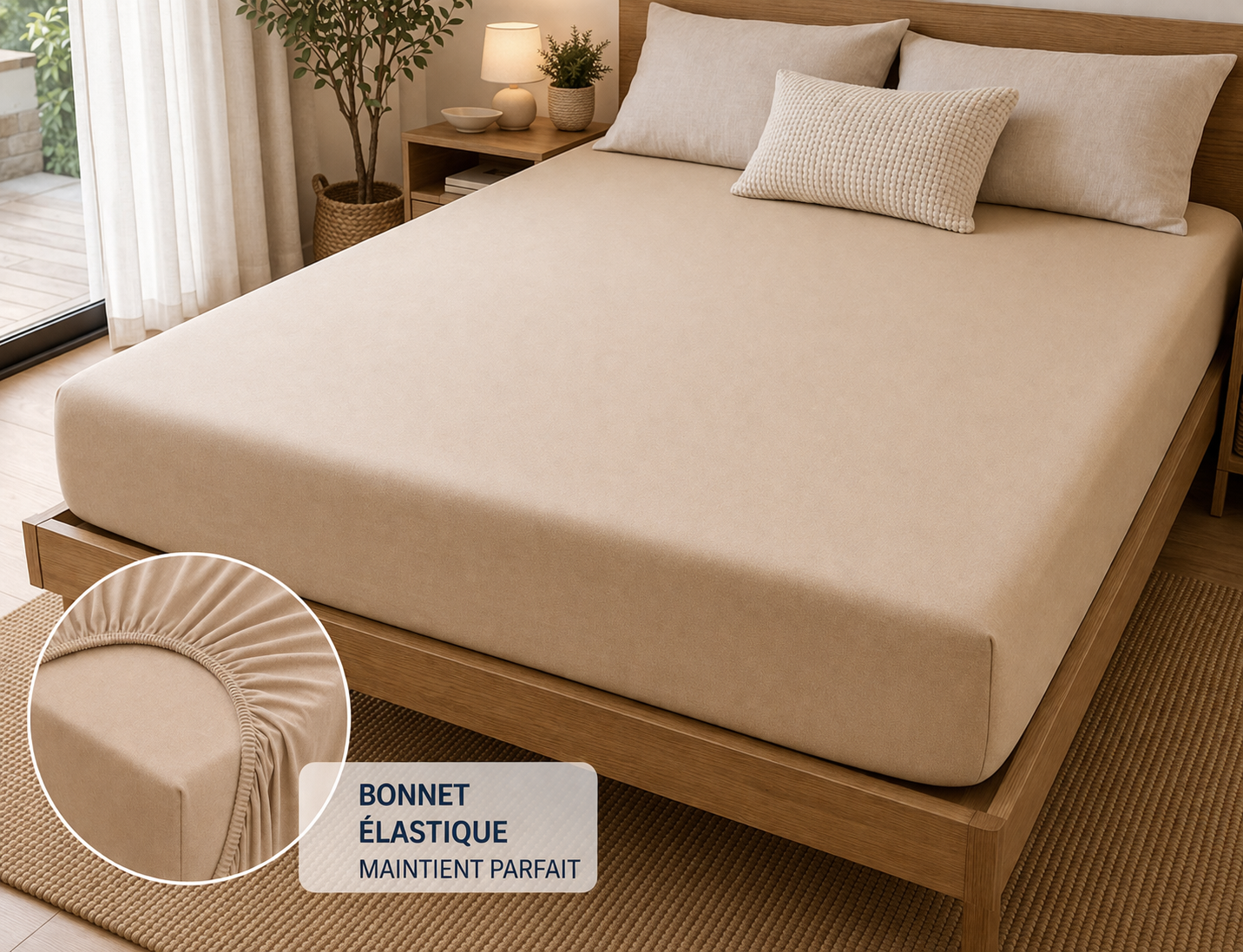 Drap Housse BEIGE Jersey 100% Coton 140x190cm jusqu’à 150x200cm