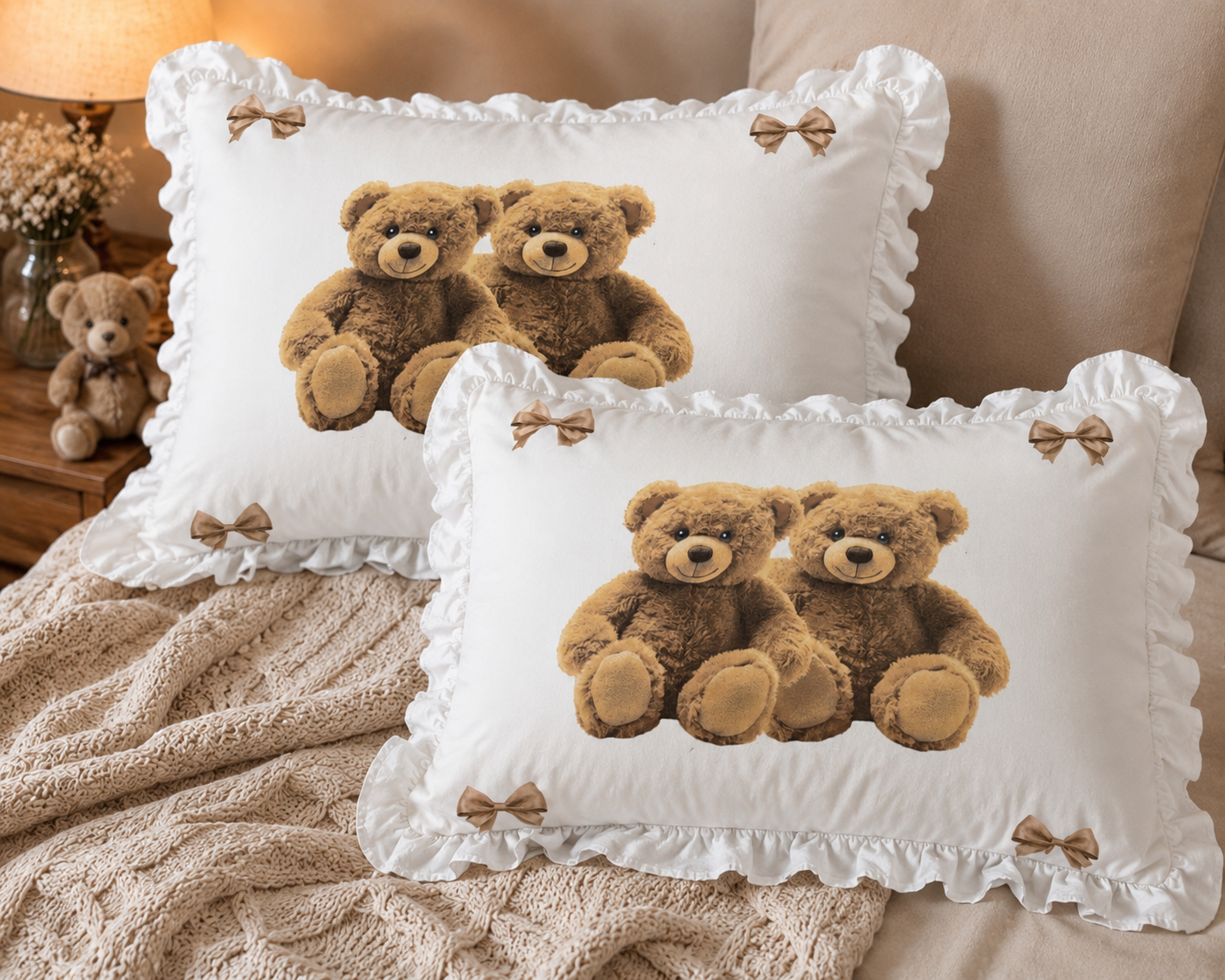 2 Taies d’Oreiller - Oursons Marron - 50x70cm