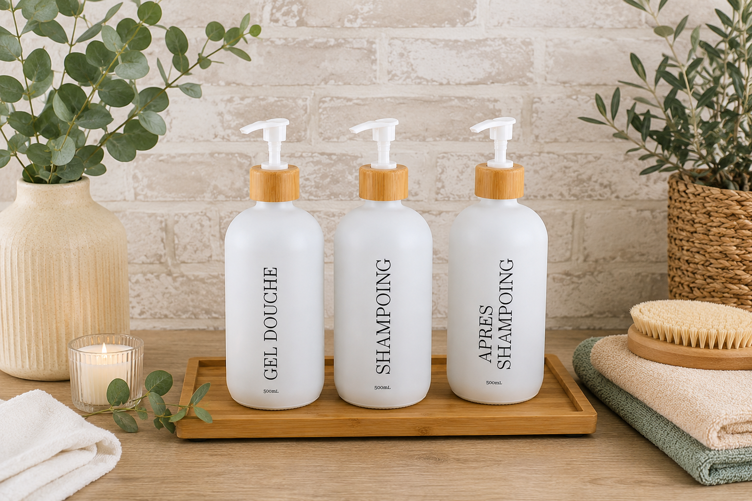 3 Distributeurs - Gel Douche - Shampoing - Après Shampoing - en verre bambou 500ml - blanc mat