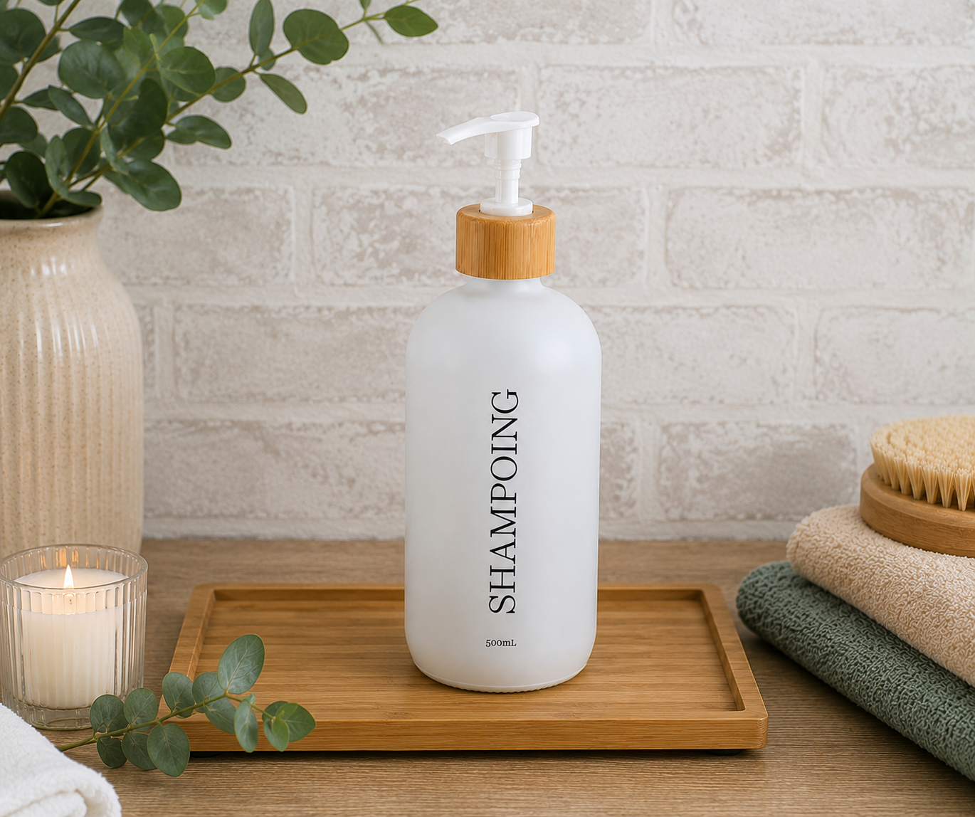 Distributeur de Shampoing en verre /bambou 500ml - Blanc Mat