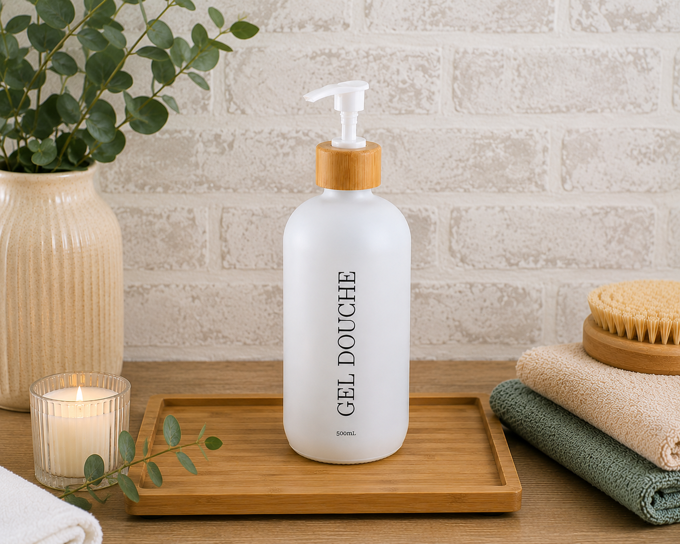 Distributeur de Gel Douche en Verre /bambou 500ml - Blanc Mat