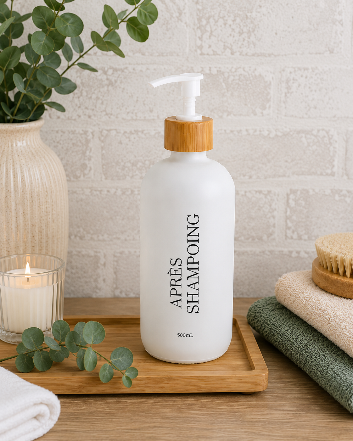 Distributeur d’Apres Shampoing en verre /bambou 500ml - Blanc Mat