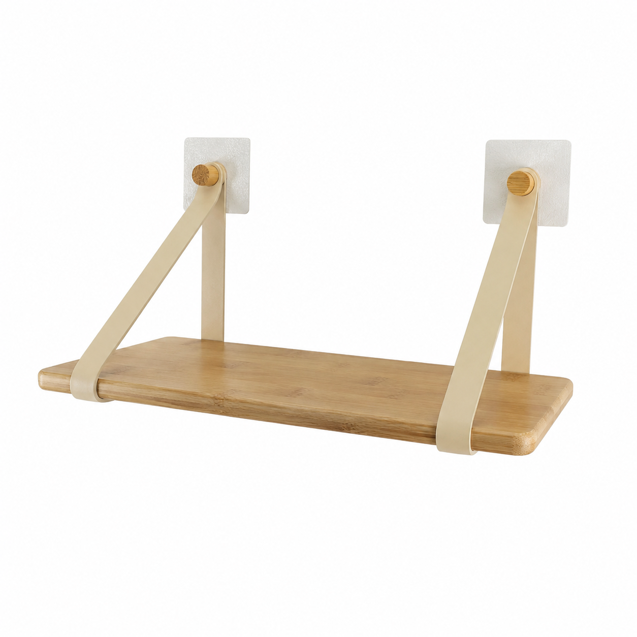Etagere bambou + lanieres simili cuir sur sticker ou a fixer - beige/bambou